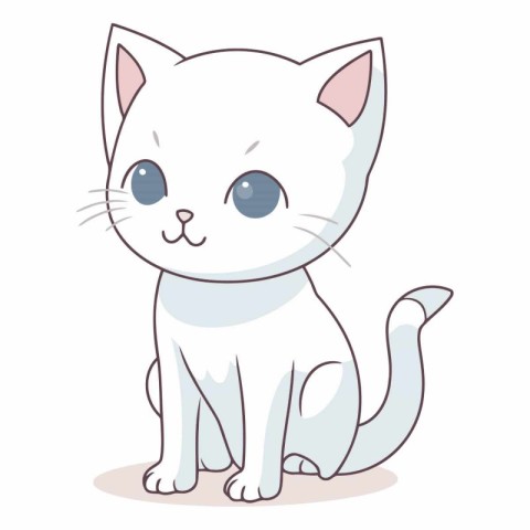 Cute cartoon white cat isolated on white background.