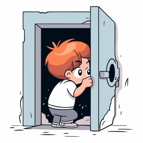 Cartoon little boy trying to open the safe door.