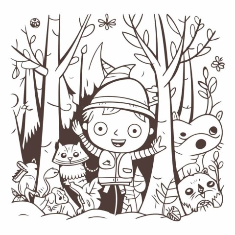 Cute boy in the forest. Black and white vector illustration.