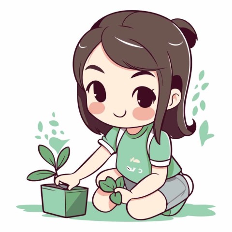 Illustration of a Cute Little Girl Planting a Green Plant