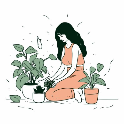 Girl planting houseplants in sketch style. Hand drawn illustrati