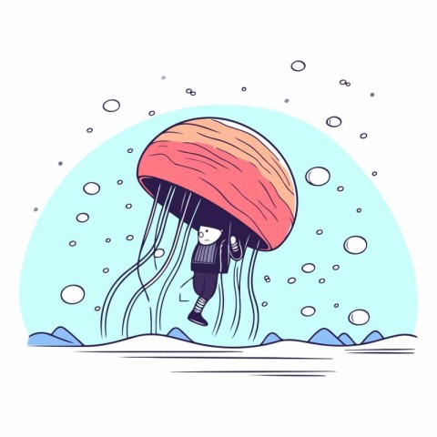 Vector illustration of a cute little girl swimming in a jellyfis
