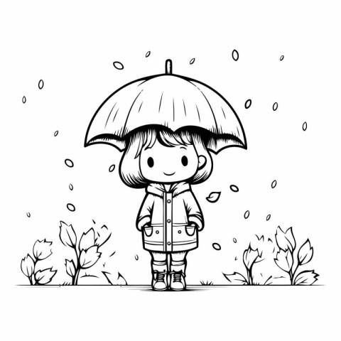 Illustration of a Little Girl Wearing a Raincoat and an Umbrella