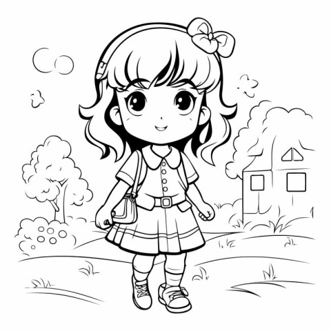 Coloring Page Outline Of a Cute Little Schoolgirl in the Park