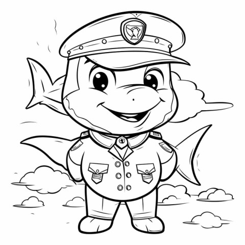 Black and White Cartoon Illustration of Cute Little Shark Captai