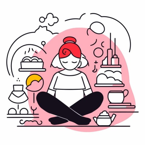 Pregnant woman sitting in lotus position. vector line illustrati