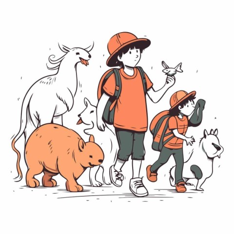 Children with a dog and a cow of a boy with a dog and a cow.