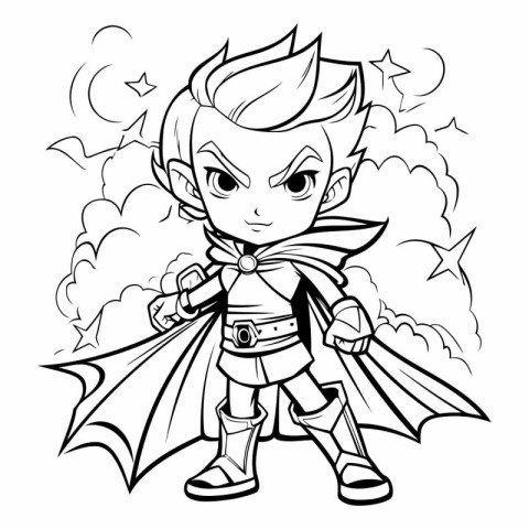 Black and White Cartoon Illustration of Superhero Boy Fantasy Ch