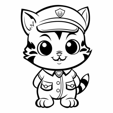 Black and White Cartoon Illustration of Cute Cat Police Animal C