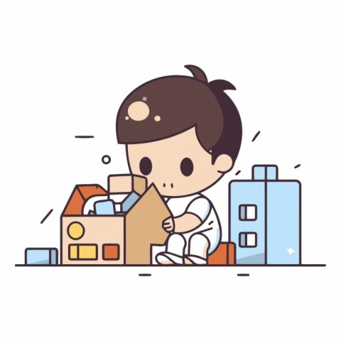 Cute little boy playing with his house. Colorful flat vector ill