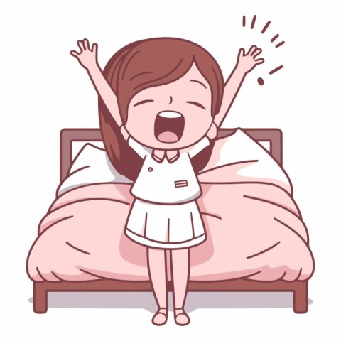 Young woman yawning in bed in cartoon style.