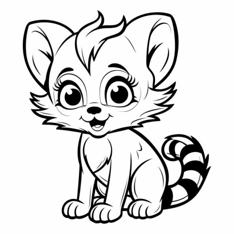 Cute Little Red Raccoon - Black and White Cartoon Illustration