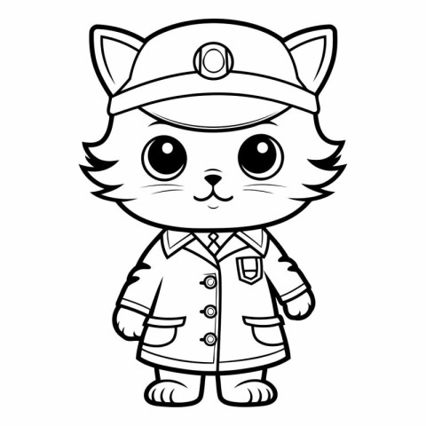 Black and White Cartoon Illustration of Cute Cat Police Officer