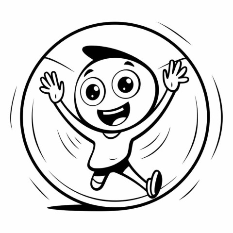 Black and White Cartoon Illustration of Happy Kid Boy Jumping in