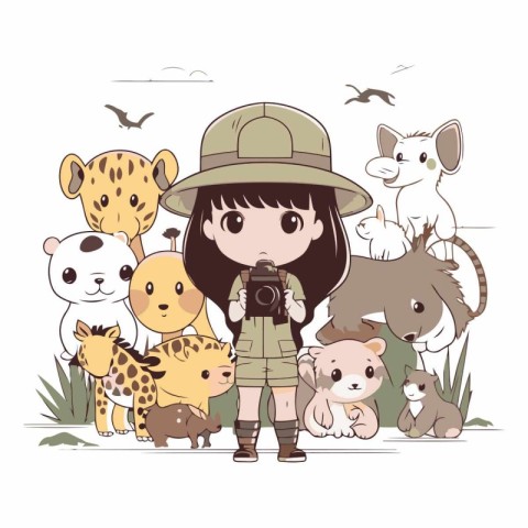 Cute little girl with safari animals. Cartoon vector illustratio