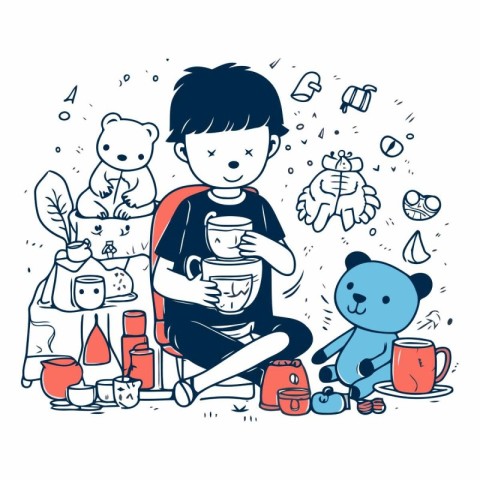 Vector illustration of a boy with a cup of tea and his teddy bea