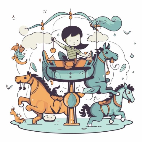 Little girl rides a horse on a swing in cartoon style.