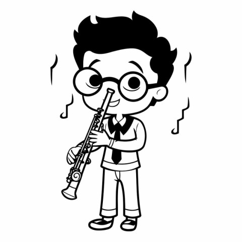 Boy playing clarinet - Black and White Cartoon Illustration. Vec