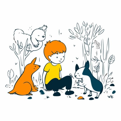 Little boy and dog in the forest. Hand drawn vector illustration