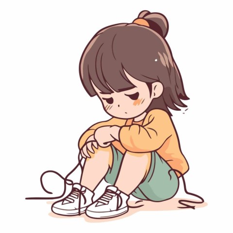 Little girl sitting on the floor and tying shoelaces.