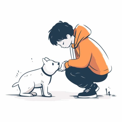 Boy playing with a dog. Hand drawn vector illustration in sketch