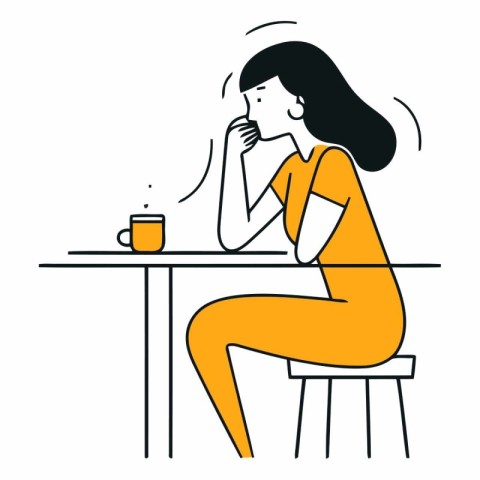 Young woman sitting at the table and drinking coffee. Flat vecto