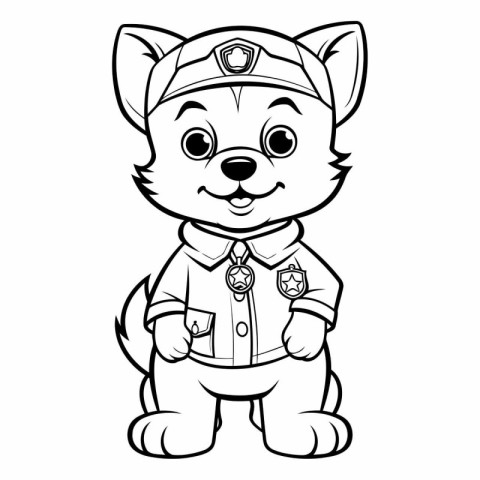 Black and White Cartoon Illustration of Cute Puppy Police Dog Co