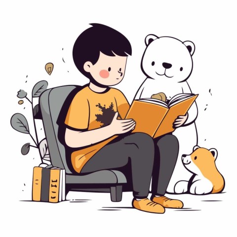 Boy reading a book in armchair with bear and cat.