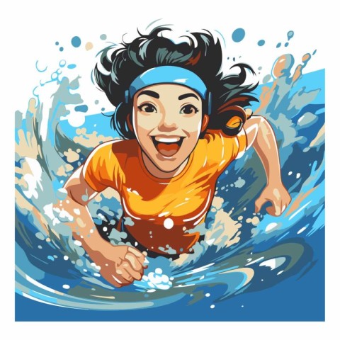 Vector illustration of a woman surfer jumping in the water with