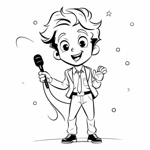 Cartoon boy holding a microphone for coloring book.