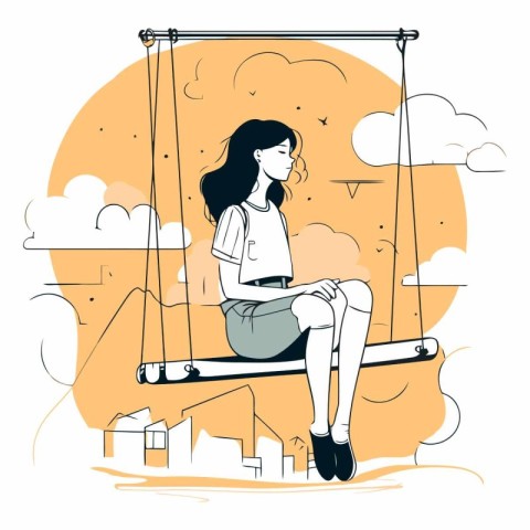 Vector illustration of a girl sitting on a swing in the city.