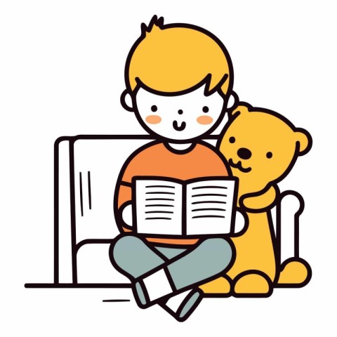 cute boy reading a book with teddy bear vector illustration desi