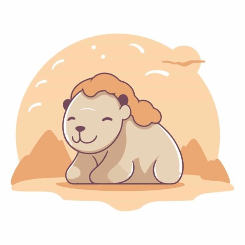 Cute cartoon lion lying on the sand in the desert