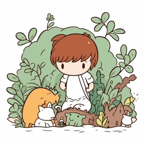 Little boy playing with cat and dog in the garden.