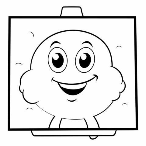 Black and white picture of a smiling cartoon character with big