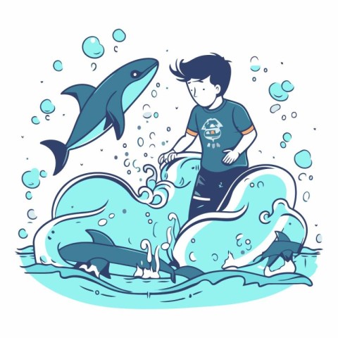 Boy playing with a shark in the sea in cartoon style.