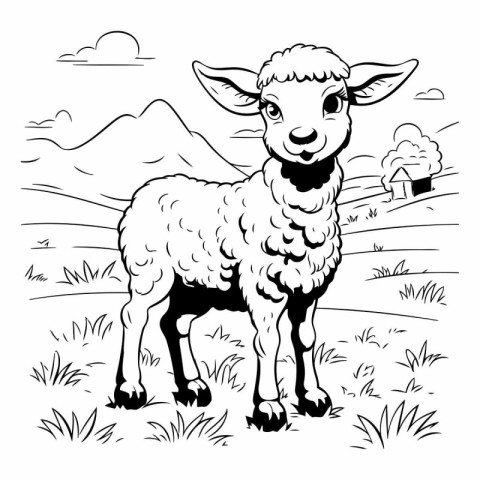 Sheep standing in the meadow. Black and white vector illustratio