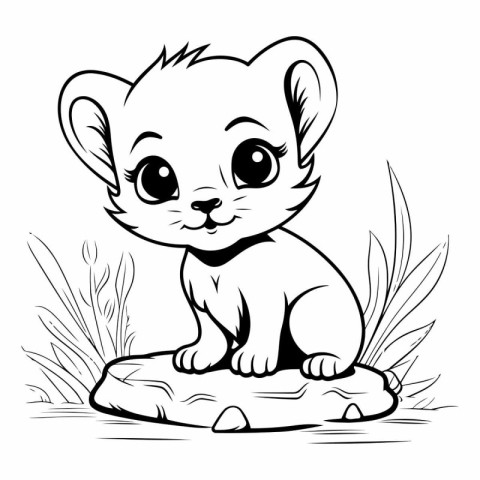 Cute cartoon mouse sitting on a rock for coloring book.