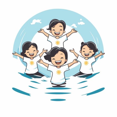 Happy family playing in the water. vector cartoon illustration i