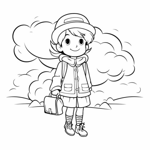 Coloring Page Outline Of a Little Girl with a suitcase.