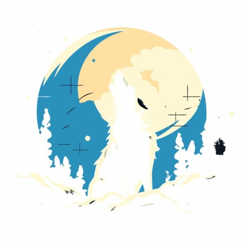 White wolf on a background of the moon and the forest