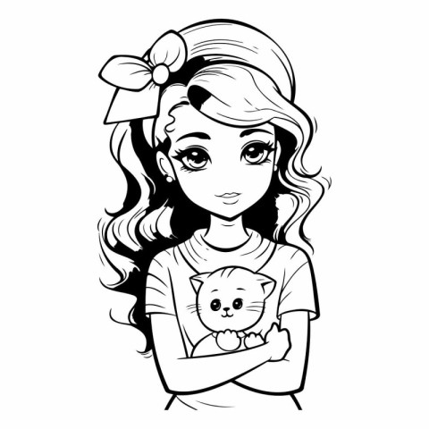 Cute cartoon girl with cat. Black and white vector illustration.