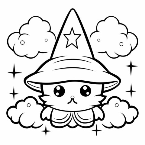 Black and White Cartoon Illustration of Cute Cat with Witch Hat