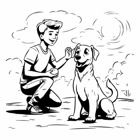 Boy with a dog. Black and white vector illustration for coloring