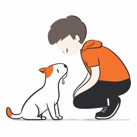 Boy playing with a dog on a white background.