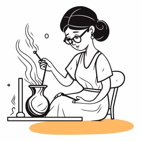 Black and white illustration of a woman smoking a hookah at home