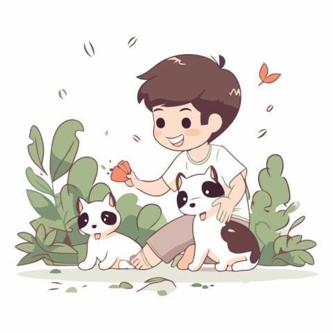 Boy playing with dog in the garden. Cute cartoon vector illustra