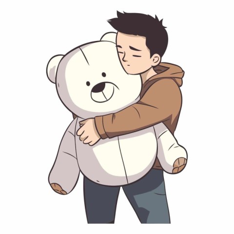 Illustration of a boy hugging a teddy bear on a white background