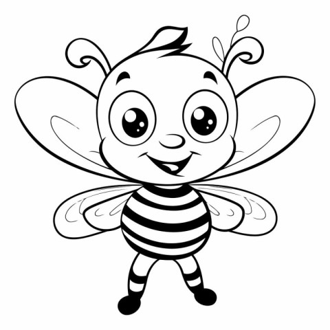 Black and white illustration of a cute bee on a white background