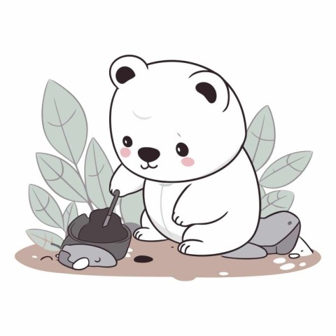 cute polar bear with pot and leaves cartoon vector illustration